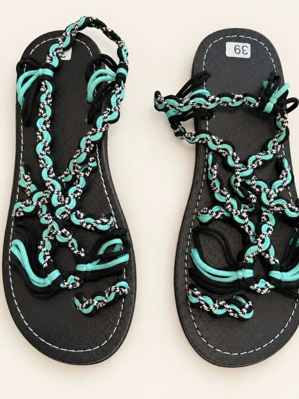 Turquoise Black Braided Cord Caged Flat Sandals Size 39